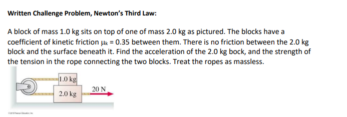 Written Challenge Problem, Newton's Third Law:
A block of mass 1.0 kg sits on top of one of mass 2.0 kg as pictured. The blocks have a
coefficient of kinetic friction lk = 0.35 between them. There is no friction between the 2.0 kg
block and the surface beneath it. Find the acceleration of the 2.0 kg bock, and the strength of
the tension in the rope connecting the two blocks. Treat the ropes as massless.
1.0 kg
20 N
2.0 kg
