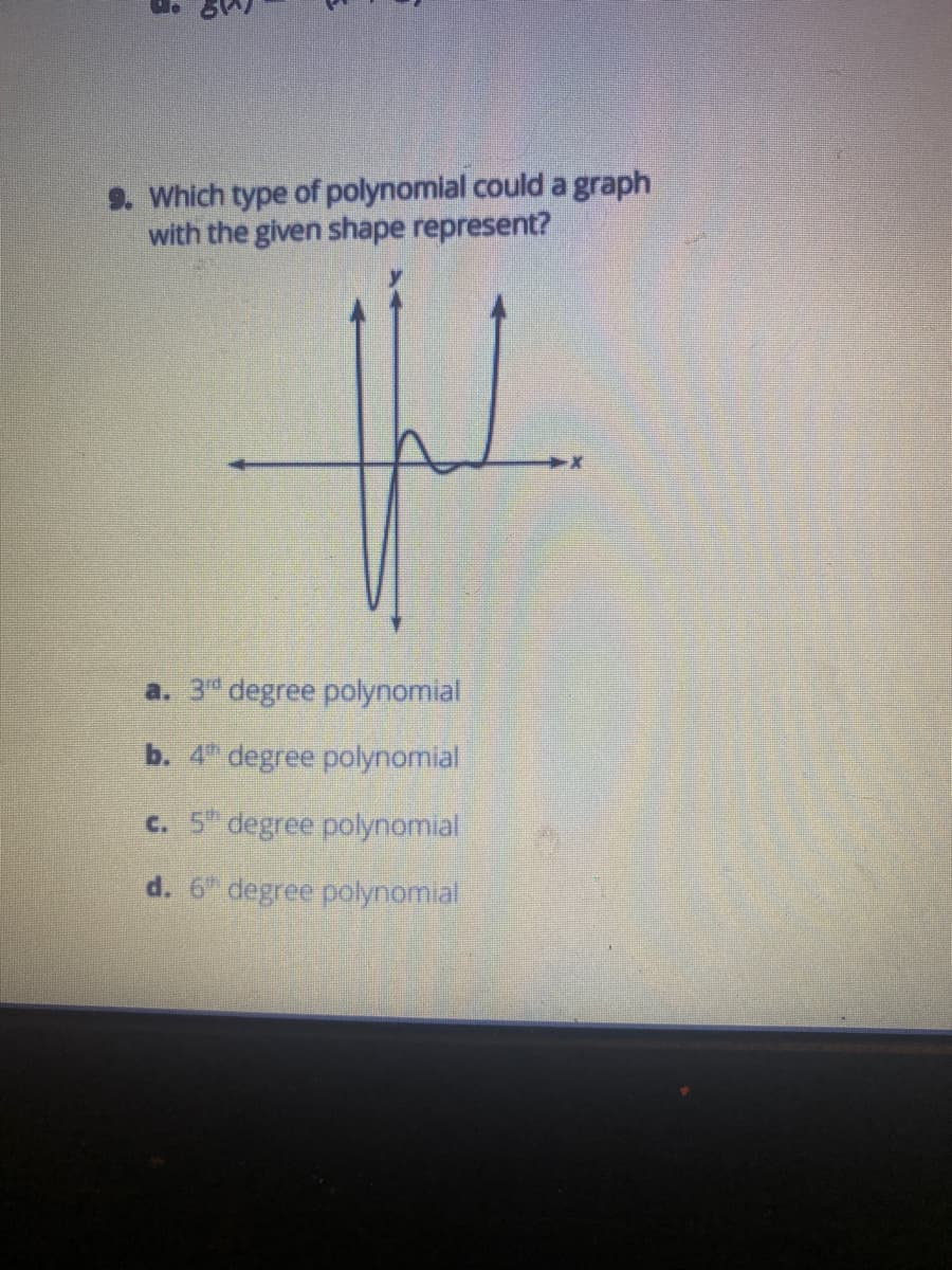 9. Which type of polynomial could a graph
with the given shape represent?
a. 3 degree polynomial
b. 4" degree polynomial
c. 5" degree polynomial
d. 6" degree polynomial
