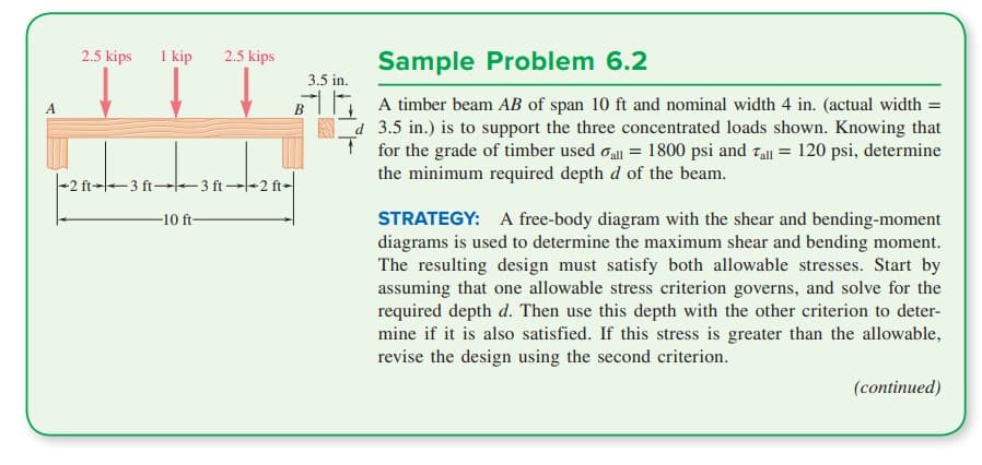 2.5 kips 1 kip
2.5 kips
2 ft 3 ft 3 ft2
-10 ft-
Sample Problem 6.2
3.5 in.
BA timber beam AB of span 10 ft and nominal width 4 in. (actual width =
3.5 in.) is to support the three concentrated loads shown. Knowing that
for the grade of timber used all = 1800 psi and Tall = 120 psi, determine
the minimum required depth d of the beam.
STRATEGY: A free-body diagram with the shear and bending-moment
diagrams is used to determine the maximum shear and bending moment.
The resulting design must satisfy both allowable stresses. Start by
assuming that one allowable stress criterion governs, and solve for the
required depth d. Then use this depth with the other criterion to deter-
mine if it is also satisfied. If this stress is greater than the allowable,
revise the design using the second criterion.
(continued)
