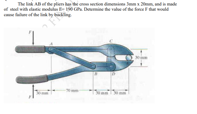 The link AB of the pliers has the cross section dimensions 3mm x 20mm, and is made
of steel with elastic modulus E= 190 GPa. Determine the value of the force F that would
cause failure of the link by buckling.
30 mm
B.
-70 mm
30 mm
30 mm
30 mm
