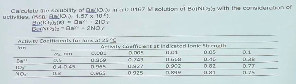 Calculate the solubility of Ba(IO3)2 in a 0.0167 M solution of Ba(NO3)2 with the consideration of
activities. (Ksp: Ba(IO3)2 1.57 x 109).
Ba(IO3)2(s) = Ba2+ + 2I03-
Ba(NO3)2= Ba2+ + 2NO3-
Activity Coefficients for lons at 25 °C
Activity Coefficient at Indicated lonic Strength
0.05
lon
0.001
0.005
0.01
О.1
ax, nm
Ba2+
0.5
0.869
0.743
0.668
0.46
0.38
0.4-0.45
0.965
0.927
0.902
0.82
0.77
103
NO3
0.3
0.965
0.925
0.899
0.81
0.75
