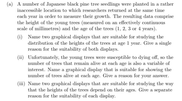 (a) A number of Japanese black pine tree seedlings were planted in a rather
inaccessible location to which researchers returned at the same time
each year in order to measure their growth. The resulting data comprise
the height of the young trees (measured on an effectively continuous
scale of millimetres) and the age of the trees (1, 2, 3 or 4 years).
(i) Name two graphical displays that are suitable for studying the
distribution of the heights of the trees at age 1 year. Give a single
reason for the suitability of both displays.
(ii) Unfortunately, the young trees were susceptible to dying off, so the
number of trees that remain alive at each age is also a variable of
interest. Name a graphical display that is suitable for showing the
number of trees alive at each age. Give a reason for your answer.
(iii) Name two graphical displays that are suitable for studying the way
that the heights of the trees depend on their ages. Give a separate
reason for the suitability of each display.