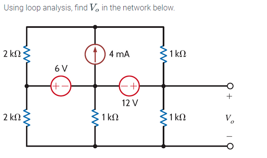 Using loop analysis, find Va in the network below.
2 ΚΩ
2 ΚΩΣ
σν
(+-)
ww
4 mA
1 ΚΩ
+
12 V
1 ΚΩ
1 ΚΩ
να
