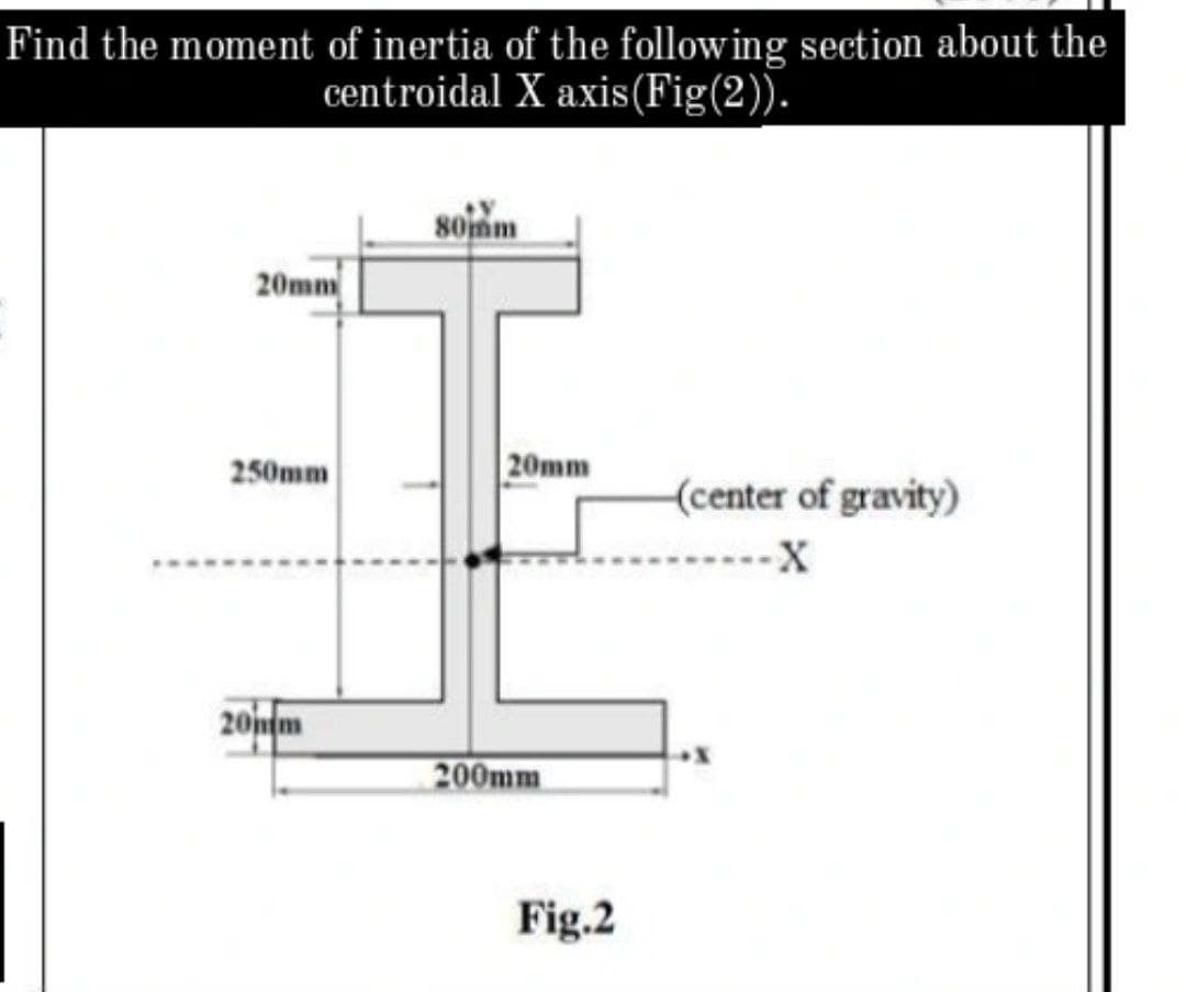 Find the moment of inertia of the following section about the
centroidal X axis(Fig(2)).
s0mm
20mm
250mm
20mm
(center of gravity)
20mm
200mm
Fig.2

