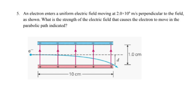 5. An electron enters a uniform electric field moving at 2.0×10° m/s perpendicular to the field,
as shown. What is the strength of the electric field that causes the electron to move in the
parabolic path indicated?
1.0 cm
-10 cm-
