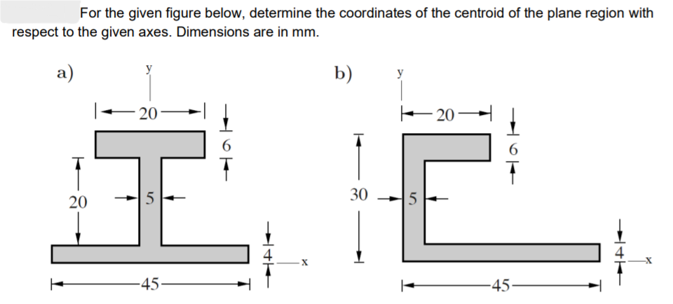 For the given figure below, determine the coordinates of the centroid of the plane region with
respect to the given axes. Dimensions are in mm.
b)
y
20
- 20 –
6
20
5
30
5
-45–
-45-
