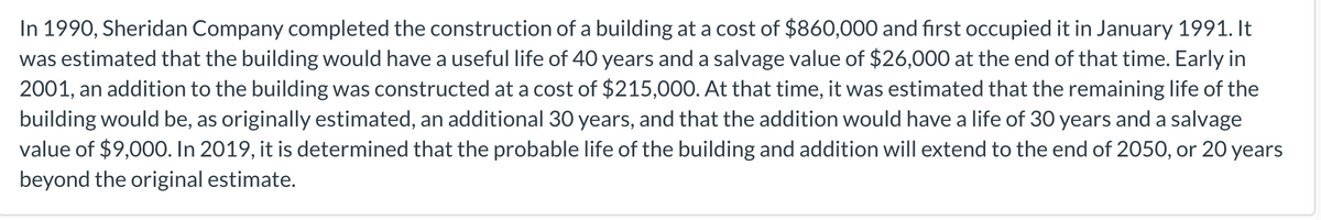 In 1990, Sheridan Company completed the construction of a building at a cost of $860,000 and first occupied it in January 1991. It
was estimated that the building would have a useful life of 40 years and a salvage value of $26,000 at the end of that time. Early in
2001, an addition to the building was constructed at a cost of $215,000. At that time, it was estimated that the remaining life of the
building would be, as originally estimated, an additional 30 years, and that the addition would have a life of 30 years and a salvage
value of $9,000. In 2019, it is determined that the probable life of the building and addition will extend to the end of 2050, or 20 years
beyond the original estimate.
