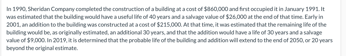 In 1990, Sheridan Company completed the construction of a building at a cost of $860,000 and first occupied it in January 1991. It
was estimated that the building would have a useful life of 40 years and a salvage value of $26,000 at the end of that time. Early in
2001, an addition to the building was constructed at a cost of $215,000. At that time, it was estimated that the remaining life of the
building would be, as originally estimated, an additional 30 years, and that the addition would have a life of 30 years and a salvage
value of $9,000O. In 2019, it is determined that the probable life of the building and addition will extend to the end of 2050, or 20 years
beyond the original estimate.
