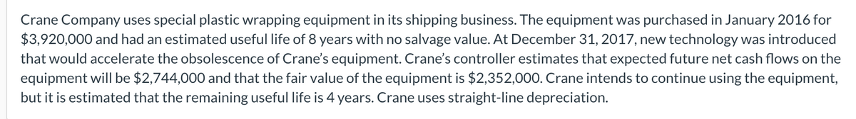 Crane Company uses special plastic wrapping equipment in its shipping business. The equipment was purchased in January 2016 for
$3,920,000 and had an estimated useful life of 8 years with no salvage value. At December 31, 2017, new technology was introduced
that would accelerate the obsolescence of Crane's equipment. Crane's controller estimates that expected future net cash flows on the
equipment will be $2,744,000 and that the fair value of the equipment is $2,352,000. Crane intends to continue using the equipment,
but it is estimated that the remaining useful life is 4 years. Crane uses straight-line depreciation.
