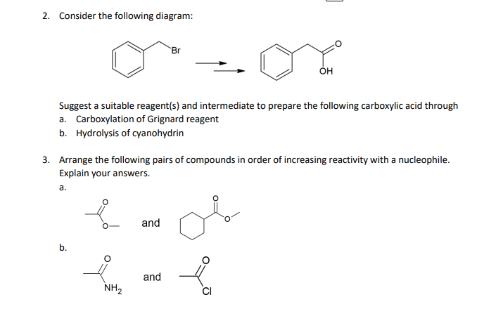 2. Consider the following diagram:
Br
Он
Suggest a suitable reagent(s) and intermediate to prepare the following carboxylic acid through
a. Carboxylation of Grignard reagent
b. Hydrolysis of cyanohydrin
3. Arrange the following pairs of compounds in order of increasing reactivity with a nucleophile.
Explain your answers.
a.
and
and
NH2
CI
b.

