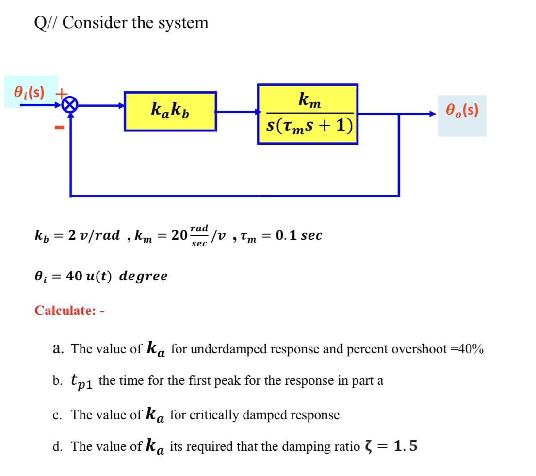 Q// Consider the system
O;(s)
km
kakp
0 (s)
s(Tms + 1)
Кь 3 2 v/rad , km
rad
20
lv , Tm
= 0.1 sec
sec
ө 3 40 u(t) degree
Calculate:
-
a. The value of ka for underdamped response and percent overshoot =40%
b. tp1 the time for the first peak for the response in part a
c. The value of ka for critically damped response
d. The value of ka its required that the damping ratio 3 = 1.5
