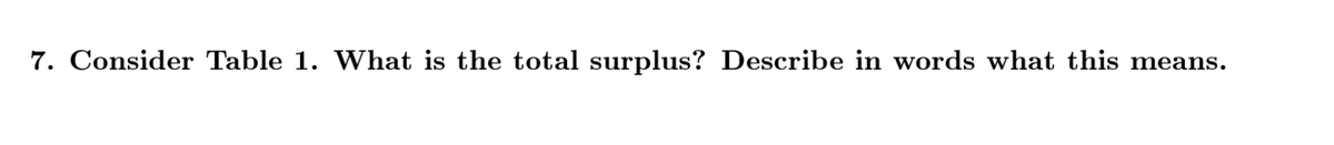 7. Consider Table 1. What is the total surplus? Describe in words what this means.