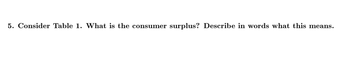 5. Consider Table 1. What is the consumer surplus? Describe in words what this means.