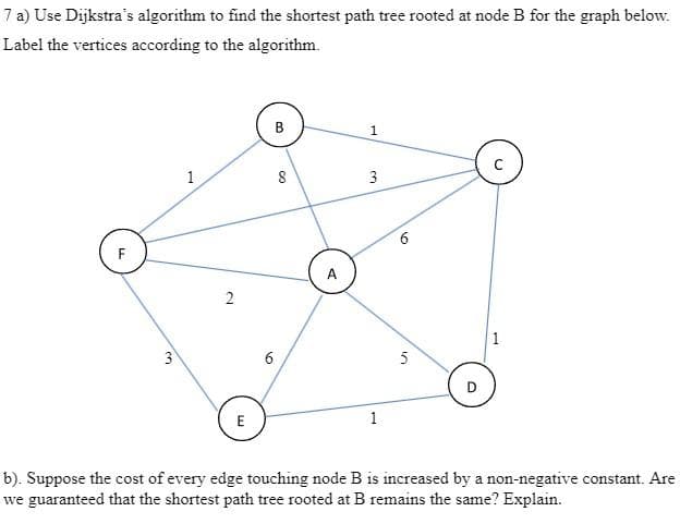 7 a) Use Dijkstra's algorithm to find the shortest path tree rooted at node B for the graph below.
Label the vertices according to the algorithm.
F
3
1
2
E
B
6
8
A
1
3
زرا
1
10
5
b). Suppose the cost of every edge touching node B is increased by a non-negative constant. Are
we guaranteed that the shortest path tree rooted at B remains the same? Explain.