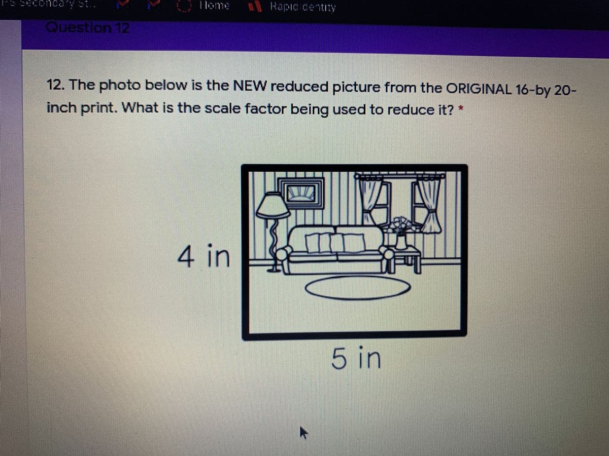 Home Rapid dentity
Question 12
12. The photo below is the NEW reduced picture from the ORIGINAL 16-by 20-
inch print. What is the scale factor being used to reduce it? *
4 in
·in
5in
