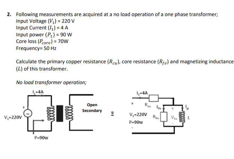 2. Following measurements are acquired at a no load operation of a one phase transformer;
Input Voltage (V,) = 220 V
Input Current (I,) = 4 A
Input power (P,) = 90 W
Core loss (Pcore) = 70W
Frequency= 50 Hz
Calculate the primary copper resistance (Rcu), core resistance (Rre) and magnetizing inductance
(L) of this transformer.
No load transformer operation;
1,-4A
4-4A
Rou Ise
Open
Secondary
Vz-220V
V,=220V
Ree
O Vre
P=90w
P=90w
