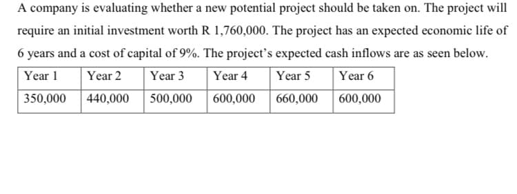 A company is evaluating whether a new potential project should be taken on. The project will
require an initial investment worth R 1,760,000. The project has an expected economic life of
6 years and a cost of capital of 9%. The project's expected cash inflows are as seen below.
Year 1
Year 2
Year 3
Year 4 Year 5
Year 6
350,000
440,000
500,000
600,000
660,000
600,000