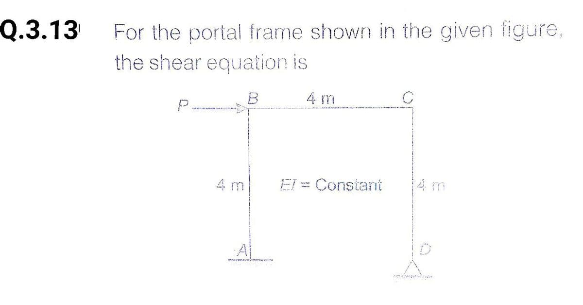 For the portal frame shown in the given figure,
the shear equation is
Q.3.13
B
4 m
4 m
El = Constant
