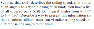 Suppose that (r, 0) describes the sailing speed, r, in knots,
at an angle 0 to a wind blowing at 20 knots. You have a list
of all ordered pairs (r, 6) for integral angles from 0 = 0°
to 8 = 180°. Describe a way to present this information so
that a serious sailboat racer can visualize sailing speeds at
different sailing angles to the wind.
