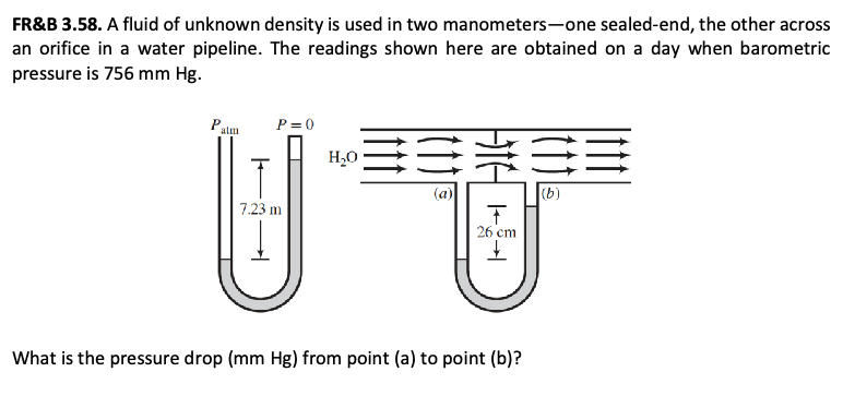 FR&B 3.58. A fluid of unknown density is used in two manometers-one sealed-end, the other across
an orifice in a water pipeline. The readings shown here are obtained on a day when barometric
pressure is 756 mm Hg.
P.
atm
P=0
7.23 m
H₂0=
(a)
T
26 cm
£
What is the pressure drop (mm Hg) from point (a) to point (b)?
EB
(b)
