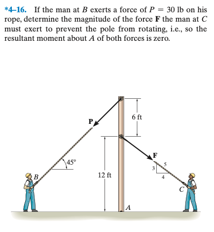*4-16. If the man at B exerts a force of P = 30 lb on his
rope, determine the magnitude of the force F the man at C
must exert to prevent the pole from rotating, i.e., so the
resultant moment about A of both forces is zero.
45°
www
12 ft
6 ft
A
F
نها