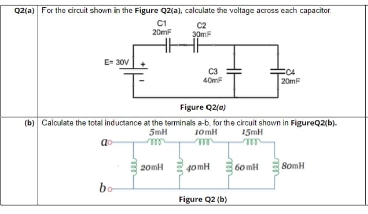 Q2(a) For the circuit shown in the Figure Q2(a), calculate the voltage across each capacitor.
C1
20mF
C2
30mF
E= 30V
C3
40mF
CC4
20mF
Figure Q2(a)
(b) Calculate the total inductance at the terminals a-b, for the circuit shown in FigureQ2(b).
5mH
10 mH
15mH
ell
rell
ell
20mH
40 mH
60 mH
8omH
bo
Figure Q2 (b)
