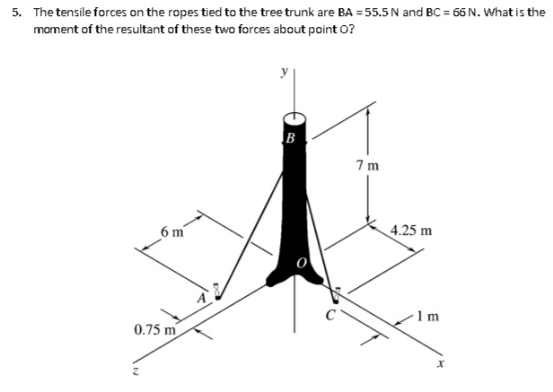 5. The tensile forces on the ropes tied to the tree trunk are BA = 55.5 N and BC = 66 N. What is the
moment of the resultant of these two forces about point O?
B
7 m
6 m
4.25 m
C
1 m
0.75 m
