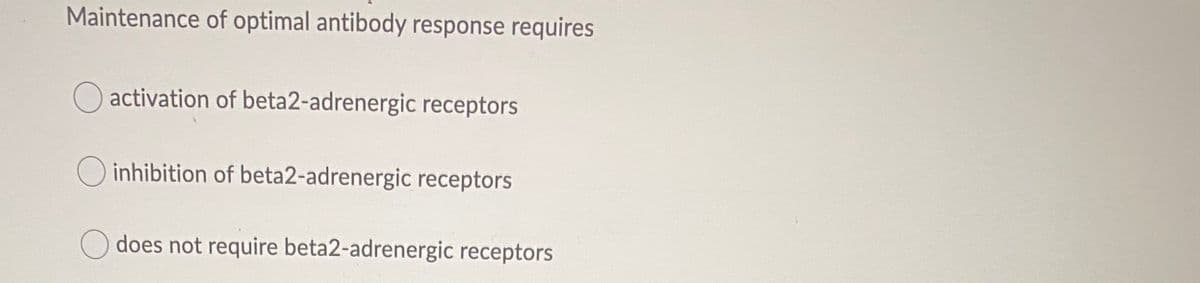 Maintenance of optimal antibody response requires
O activation of beta2-adrenergic receptors
O inhibition of beta2-adrenergic receptors
does not require beta2-adrenergic receptors
