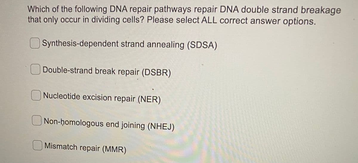 Which of the following DNA repair pathways repair DNA double strand breakage
that only occur in dividing cells? Please select ALL correct answer options.
Synthesis-dependent strand annealing (SDSA)
Double-strand break repair (DSBR)
Nucleotide excision repair (NER)
Non-homologous end joining (NHEJ)
Mismatch repair (MMR)
