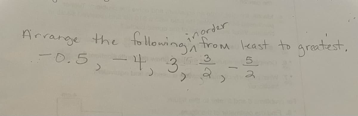 Arrange the fo owingn from least to greatest.
inorder
-0.5
4,3
world
53
5
2)
