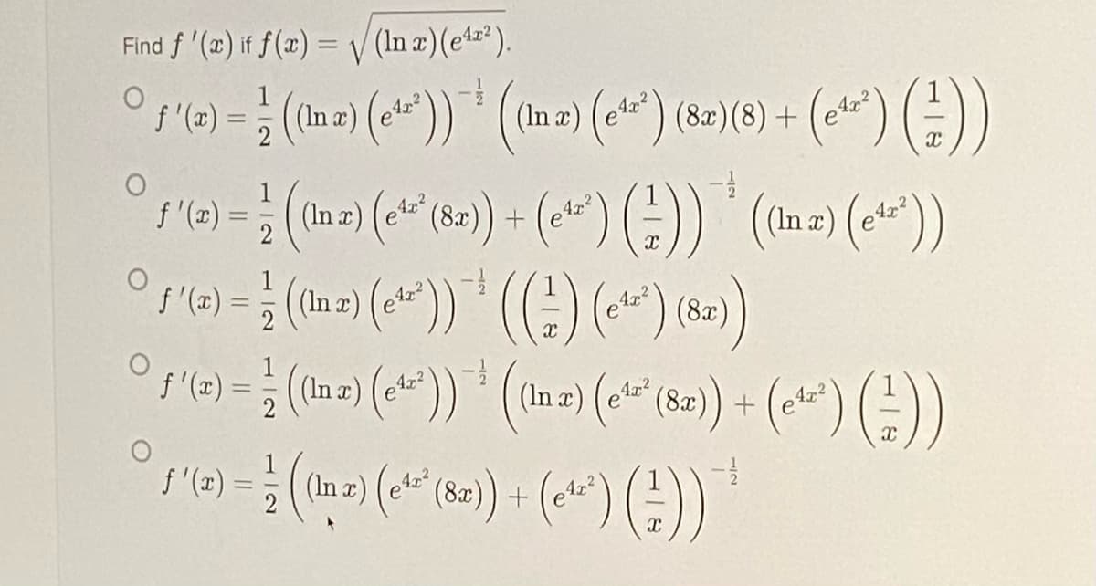 Find f '(x) if f(x) = V (In a) (et).
°f(e) = (In a) (*")) (In z) (e*) (8-)(8) + (e)E)
2
(tna) (*))
)() (82)
f'(교) =
2
(In z) (e* (8z)
1
f'(x) :
(In z)
2
1
f'(교) :
(In a)
2
(In a) (e* (82)) + (e*)
(In )
(8x)
