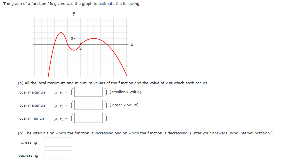 The graph of a function f is given. Use the graph to estimate the following.
y
2
2,
(a) All the local maximum and minimum values of the function and the value of x at which each occurs.
local maximum
(х, у) %3
(smaller x-value)
local maximum
(х, у) %3
(larger x-value)
local minimum
(х, у) 3D
(b) The intervals on which the function is increasing and on which the function is decreasing. (Enter your answers using interval notation.)
increasing
decreasing
