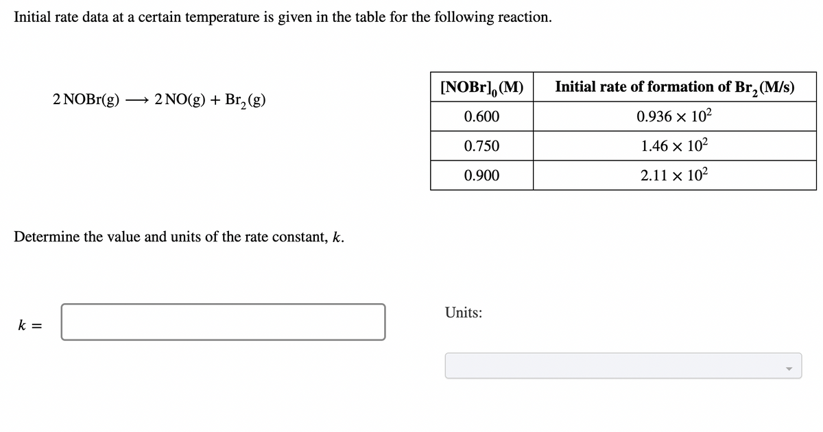 Initial rate data at a certain temperature is given in the table for the following reaction.
2 NOBr(g) 2 NO(g) + Br₂ (g)
2
Determine the value and units of the rate constant, k.
k =
[NOBR], (M)
0.600
0.750
0.900
Units:
Initial rate of formation of Br₂ (M/s)
0.936 × 10²
1.46 × 10²
2.11 × 10²
