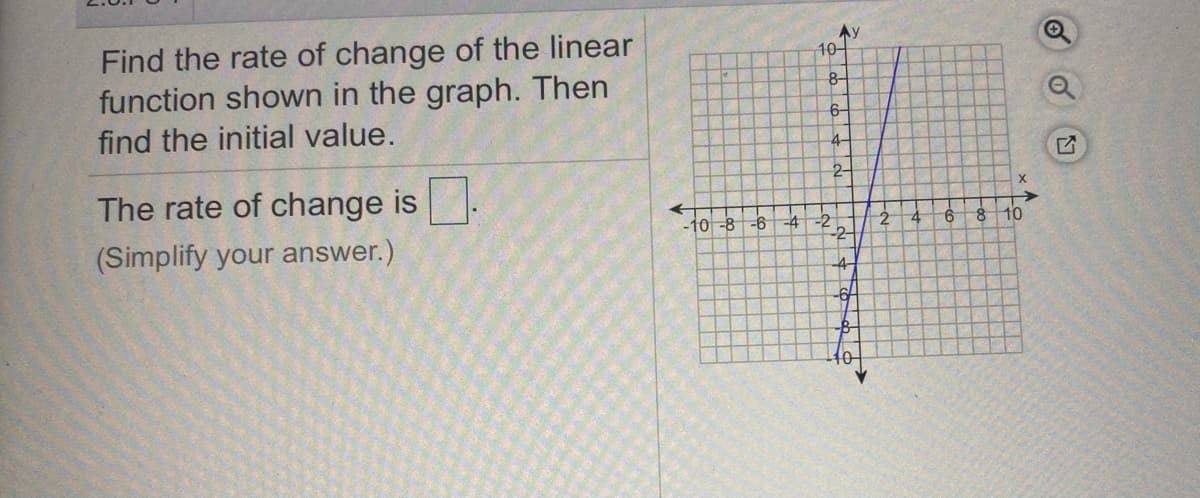 Find the rate of change of the linear
function shown in the graph. Then
find the initial value.
Ay
10-
8-
6-
4-
The rate of change is
-10 -8 -6
-2
-2-
10
-4
(Simplify your answer.)
4-
0-
