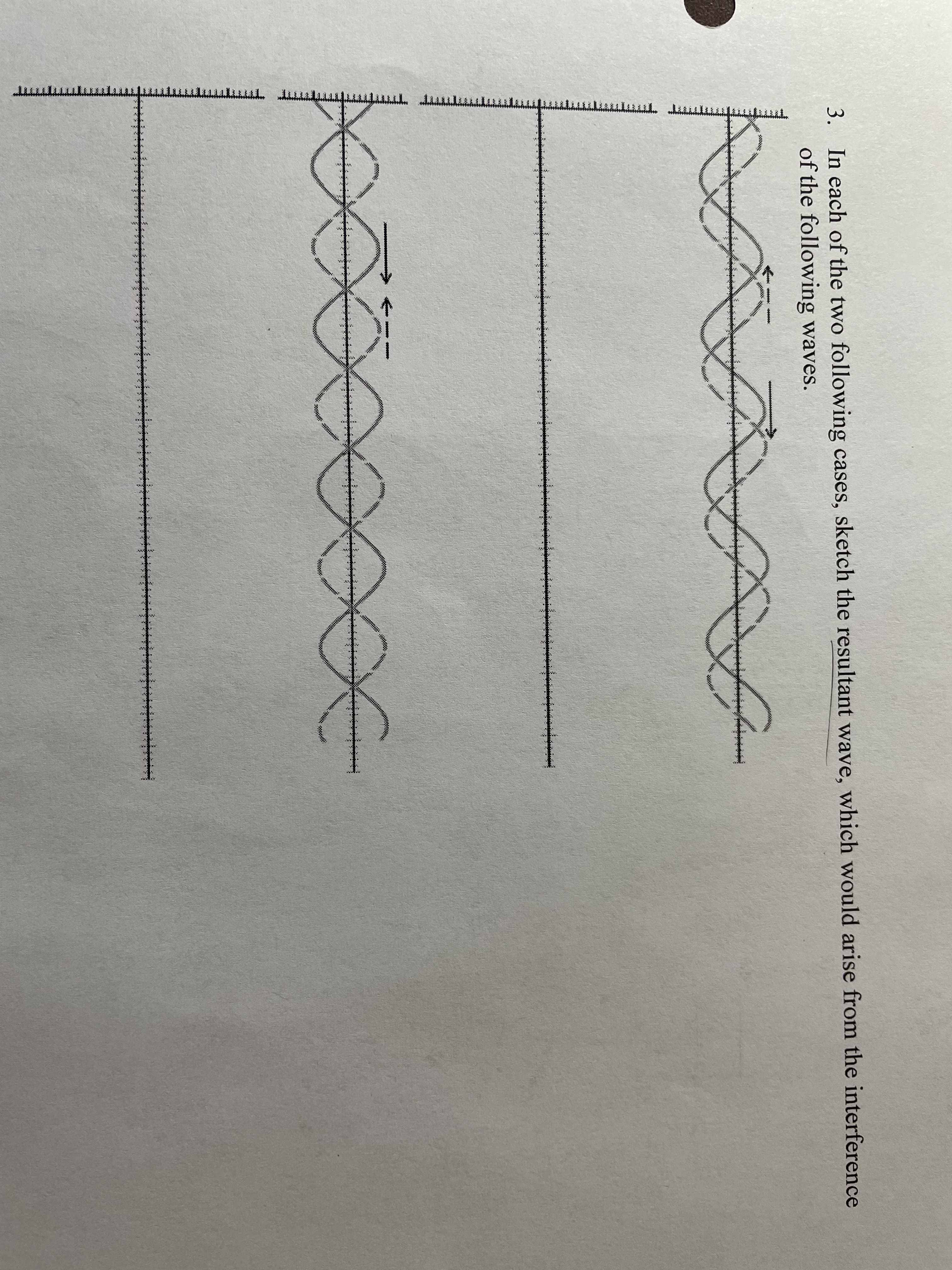 3. In each of the two following cases, sketch the resultant wave, which would arise from the interference
of the following waves.
