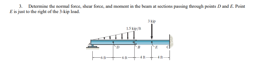 3. Determine the normal force, shear force, and moment in the beam at sections passing through points D and E. Point
E is just to the right of the 3-kip load.
3 kip
1.5 kip/ft
B.
6 ft
-4 ft-
4 ft
