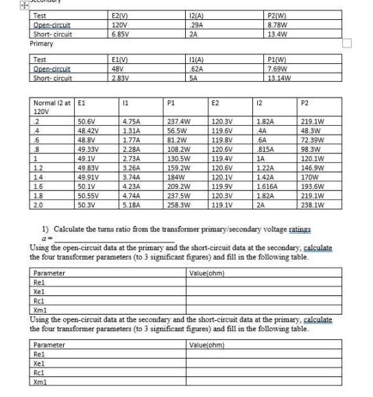 E2(V)
120V
Test
Open-circuit
Short- circuit
Primary
12(A)
.29A
2A
P2(W)
8.78W
13.4W
6.85V
E1(V)
P1(W)
7.69W
13.14W
Test
Open-circuit
Short- circuit
11(A)
.62A
SA
48V
2.83V
Normal 12 at E1
11
P1
E2
12
P2
120V
50.6V
48.42V
48.8V
49.33V
182A
4A
6A
815A
1A
1.22A
142A
.2
4.75A
237.4W
56.5W
120.3V
1.31A
1.77A
2.28A
2.73A
3.26А
3.74A
119.6V
119.8V
120.6V
119.4V
120.6V
120.1V
119.9V
120.3V
219.1W
48.3W
72.39W
98.3W
120.1W
146.9W
.4
81.2W
108.2W
130.5W
159.2W
184W
209.2W
237.5W
.8
49.1V
1.2
1.4
49.83V
49.91V
50.1V
50.55V
170W
193.6W
219.1W
238.1W
1.6
4.23A
1.616A
1.8
4.74A
1.82A
2.0
50.3V
5.18A
258.3W
119.1V
2A
1) Calculate the turns ratio from the transformer primary/secondary voltage ratinga
a=
Using the open-circuit data at the primary and the short-circuit data at the secondary, calculate
the four transformer parameters (to 3 significant figures) and fill in the following table.
Parameter
Rel
Value(ohm)
Xel
Rc1
Xm1
Using the open-circuit data at the secondary and the short-circuit data at the primary, calculate
the four transformer parameters (to 3 significant figures) and fill in the following table.
Parameter
Value(ohm)
Rel
Xel
Rc1
Xm1
