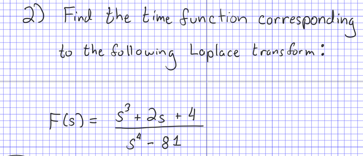 2D Find the time function corresponding
to the following Loplace tronsform
:
F(s)
Ś tds +
sª - 81
