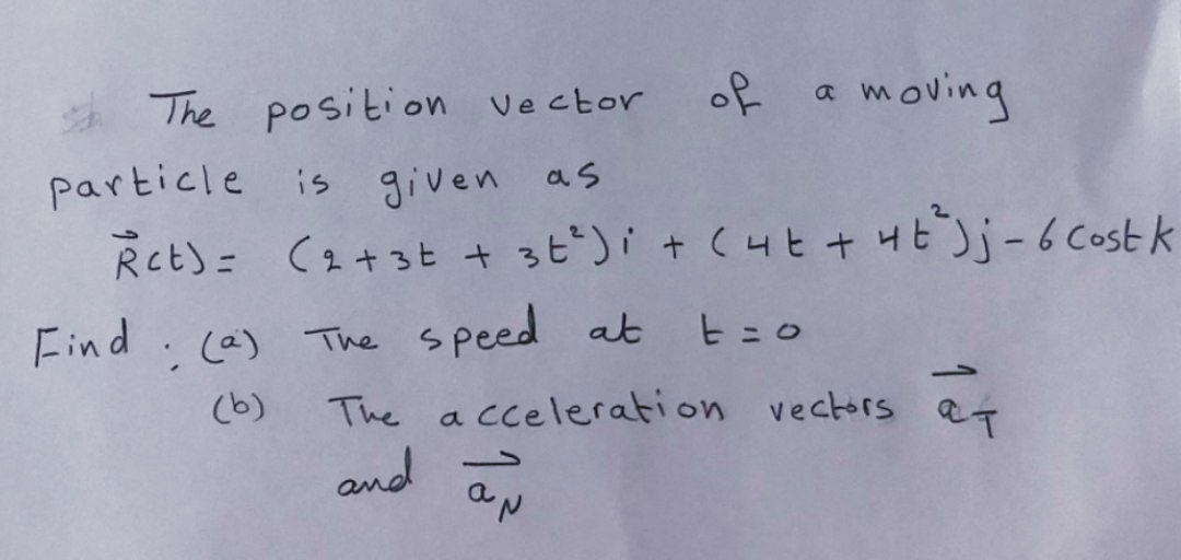 The position vector
of
a moving
particle is given as
Rct)- (1+3t + sピ")i + ( 4ヒ+Hビ)j-6costk
ヒ=o
Find ca) The speed at
(b)
The a cceleration vectors QT
and an

