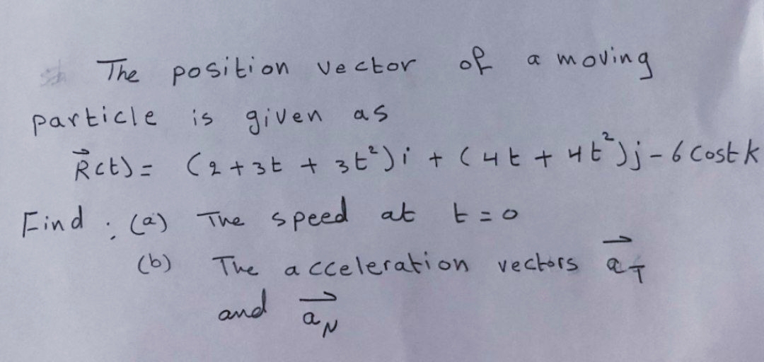 A The position vector
of
a moving
particle is given as
Ret)= (2+3t + 3t*)i + (4t + 4tj-6Costk
ヒ=o
Find. (a) The speed at
1.
a cceleration vectors aT
and aN
(b)
The
1
