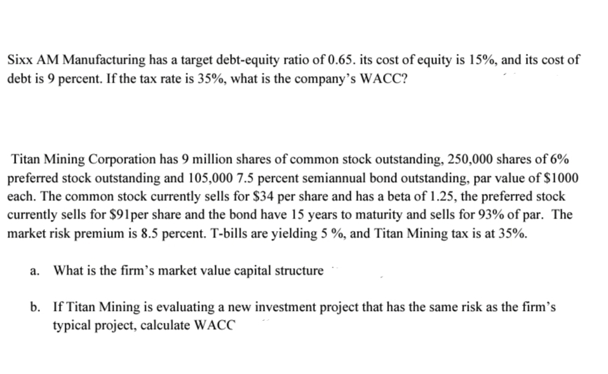 Sixx AM Manufacturing has a target debt-equity ratio of 0.65. its cost of equity is 15%, and its cost of
debt is 9 percent. If the tax rate is 35%, what is the company's WACC?
