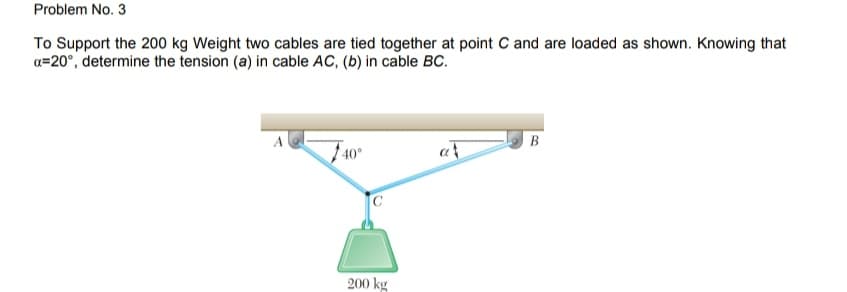Problem No. 3
To Support the 200 kg Weight two cables are tied together at point C and are loaded as shown. Knowing that
a=20°, determine the tension (a) in cable AC, (b) in cable BC.
В
40°
200 kg
