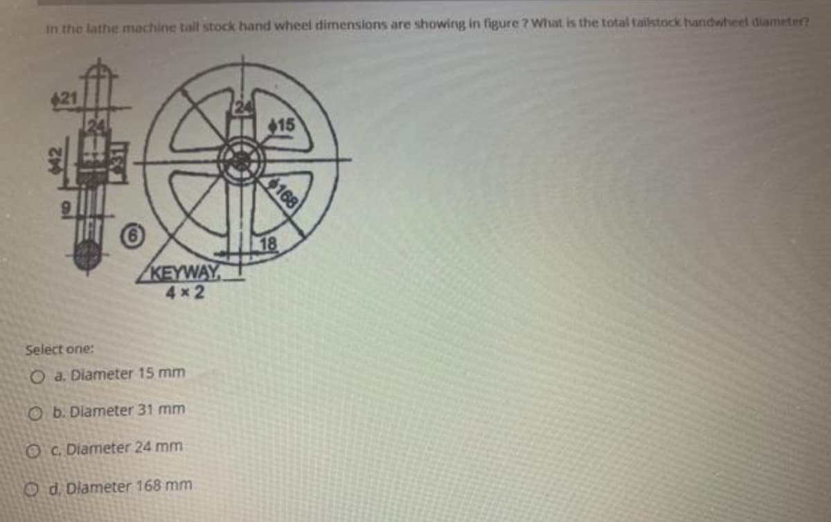 In the lathe machine tail stock hand wheel dimensions are showing in figure ? What is the total tailstock handwheel diameter?
421
$15
168
18
KEYWAY
4x2
Select one:
O a. Diameter 15 mm
Ob. Diameter 31 mm
OC. Diameter 24 mm
Od. Diameter 168 mm
