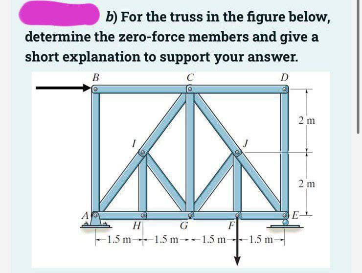 b) For the truss in the figure below,
determine the zero-force members and give a
short explanation to support your answer.
B
C
D
A
H
G
F
-1.5 m-1.5 m- 1.5 m-1.5 m-
2m
2 m
