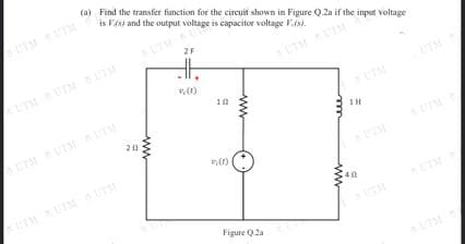 (a) Find the transfer function for the circuit shown in Figure Q.2a if the input voltage
is Fs) and the output voltage is capacitor voltage Vs).
20
2F
HH
10
(1)
Figure Q2a
IH
40