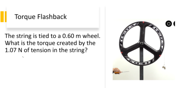 Torque Flashback
The string is tied to a 0.60 m wheel.
What is the torque created by the
1.07 N of tension in the string?
