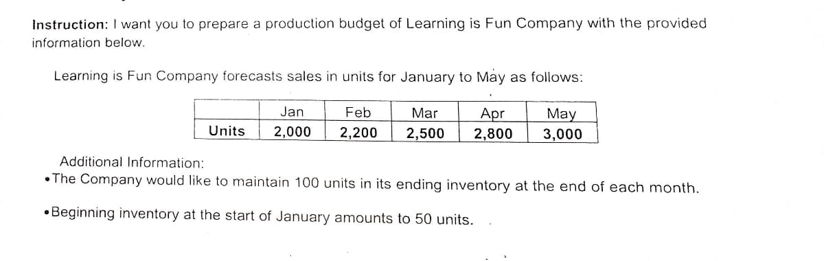 Instruction: I want you to prepare a production budget of Learning is Fun Company with the provided
information below.
Learning is Fun Company forecasts sales in units for January to May as follows:
Jan
Feb
Mar
Apr
2,800
May
3,000
Units
2,000
2,200
2,500
Additional Information:
• The Company would like to maintain 100 units in its ending inventory at the end of each month.
• Beginning inventory at the start of January amounts to 50 units.
