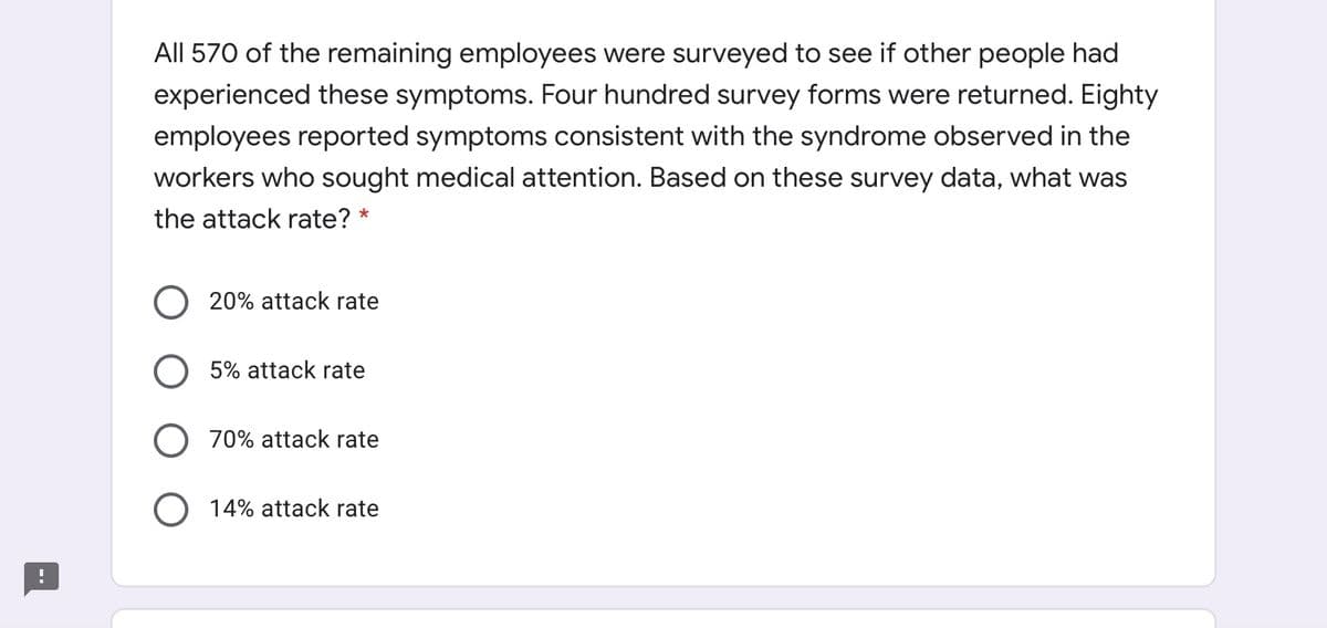 All 570 of the remaining employees were surveyed to see if other people had
experienced these symptoms. Four hundred survey forms were returned. Eighty
employees reported symptoms consistent with the syndrome observed in the
workers who sought medical attention. Based on these survey data, what was
the attack rate? *
20% attack rate
5% attack rate
70% attack rate
14% attack rate
