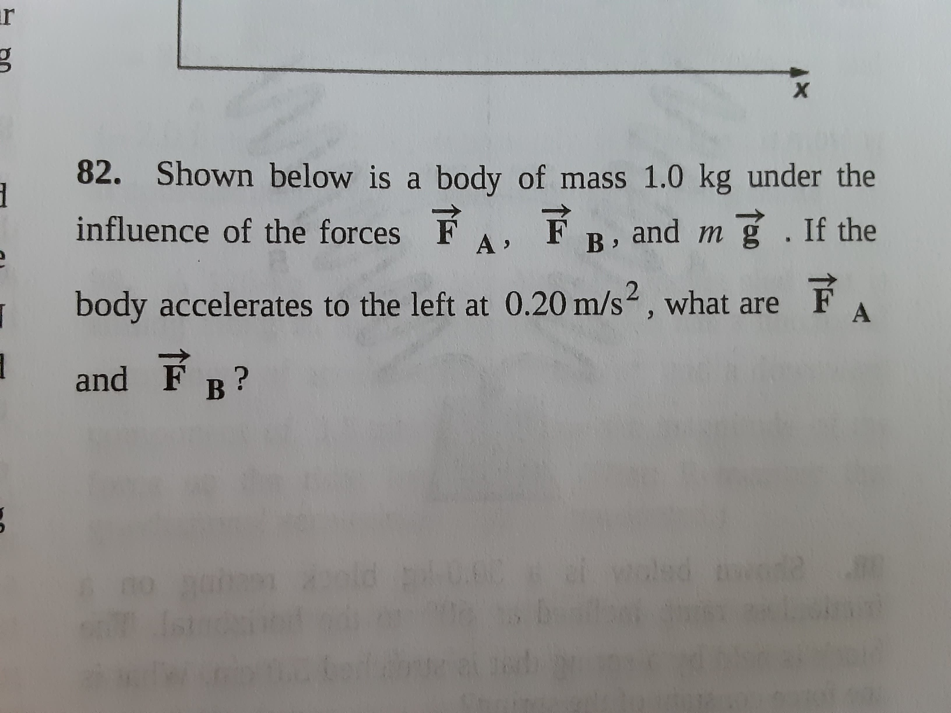 82. Shown below is a body of mass 1.0 kg under the
influence of the forces FA, F
B,
and m g. If the
body accelerates to the left at 0.20 m/s2, what are F
6.
and F B?
