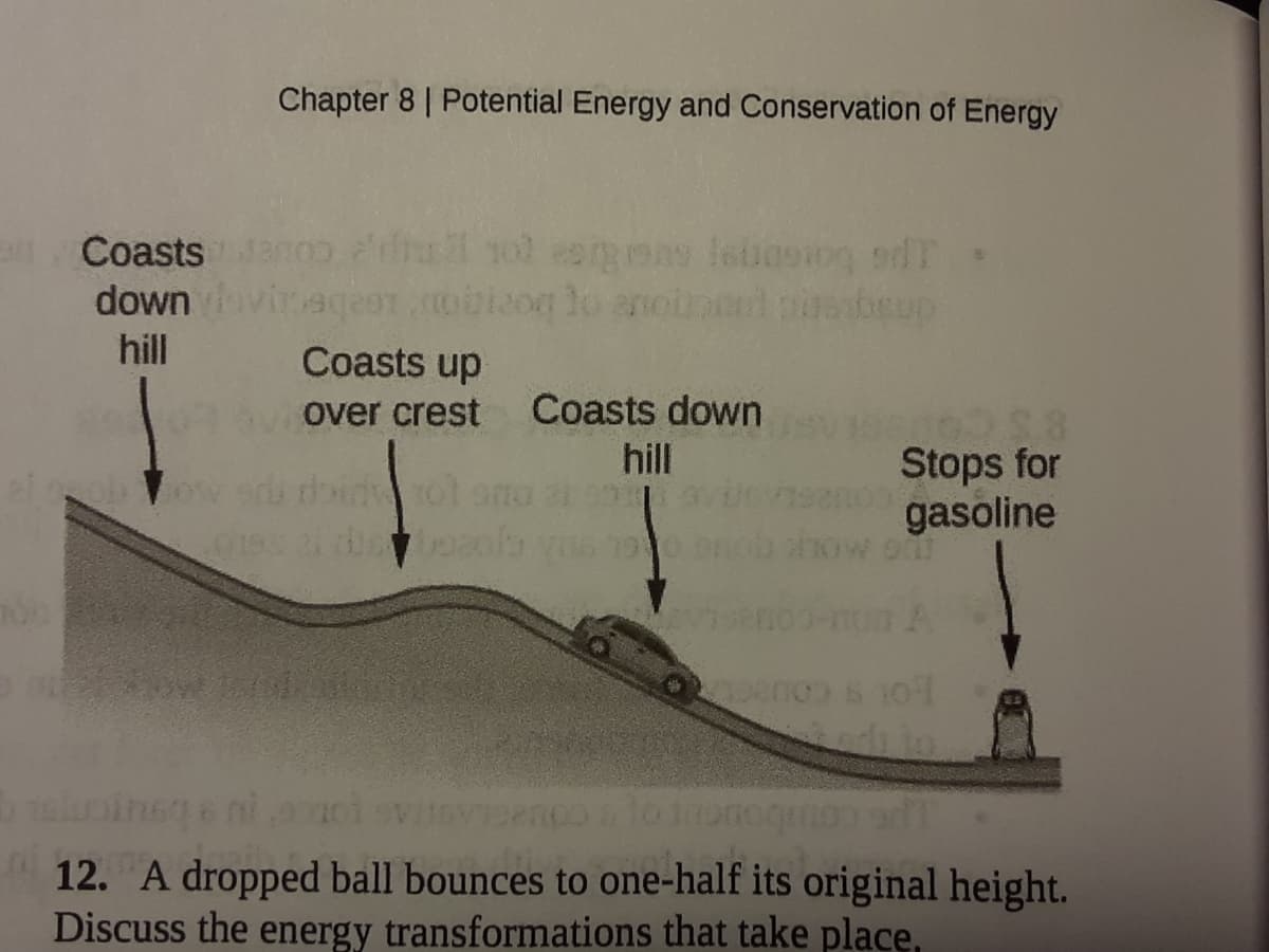 Chapter 8 | Potential Energy and Conservation of Energy
Coasts anoo 1ol eogen lsuoog sdT
down vinegeer.mbiog lo anoi
inl pbeup
hill
Coasts up
over crest Coasts down
hill
8
Stops for
gasoline
penco s Io
12. A dropped ball bounces to one-half its original height.
Discuss the energy transformations that take place,
